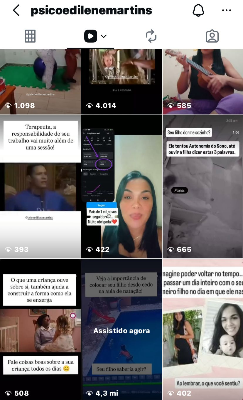 Psico Edilene Martins — perfil do Instagram com reels de musicoterapia e psicanálise infantil
